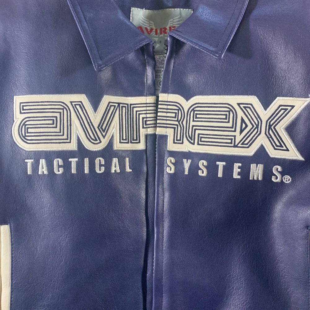 Kid’s Sz 6 Avirex Tactical Systems Faux Leather Navy Blue & Cream Bomber Jacket